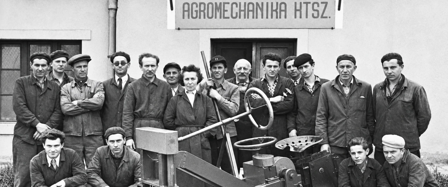 Az Agromechanika HTSZ dolgozói az első facsemete-kiszedő géppel, 1957